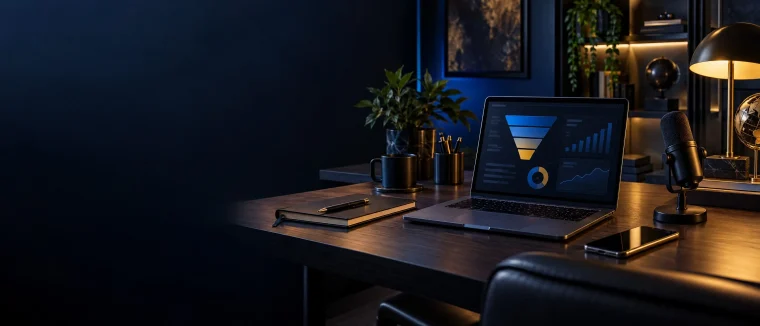 Mesa criativa com notebook, microfone e caderno de anotações